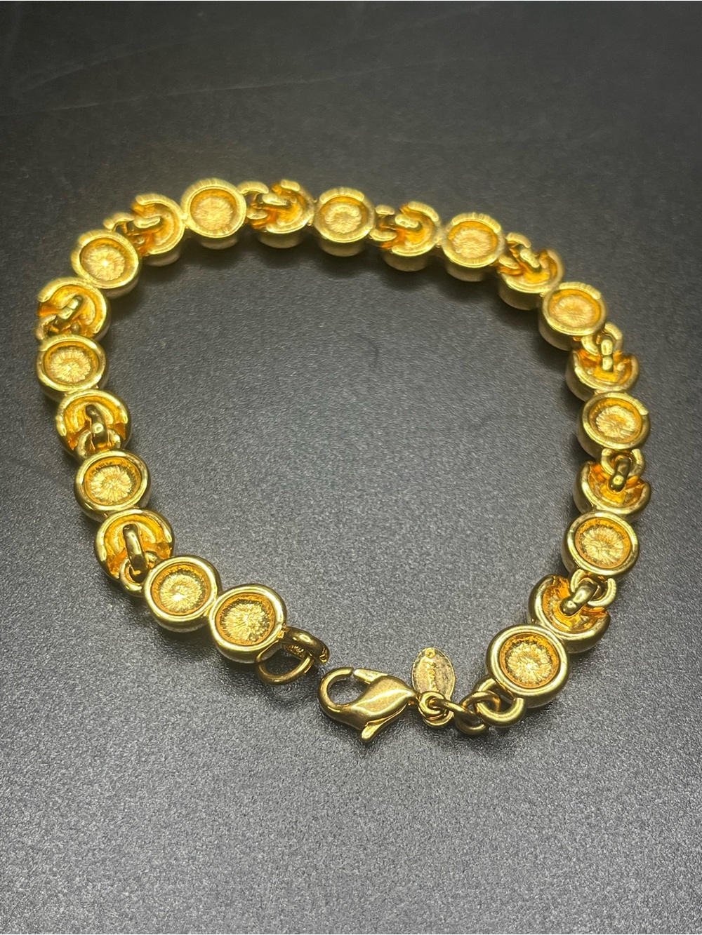 Vintage Monet Gold Tone Crystal Tennis Bracelet Signed Bezel Set Rhinestones - Picture 2 of 6